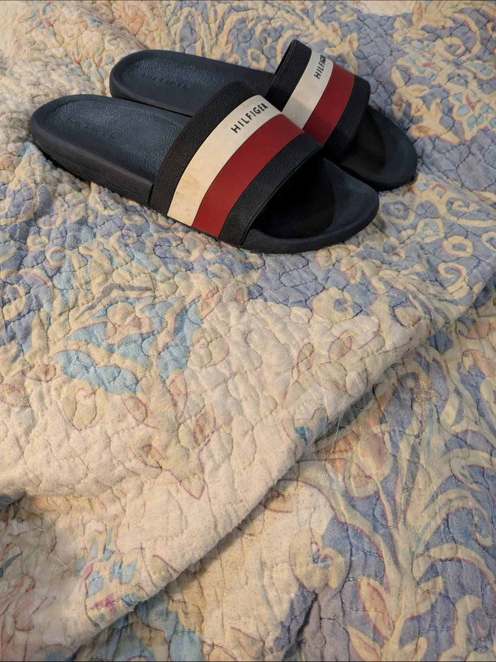 Tommy Hilfiger Earthy White Stripe Men’s Slide Sandals Slides Navy 10M